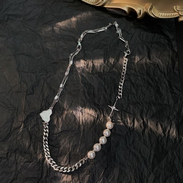 

xianlan068 new pearl stitching necklace female titanium steel chain cross clavicle love niche design feeling contracted web celebr, Silver