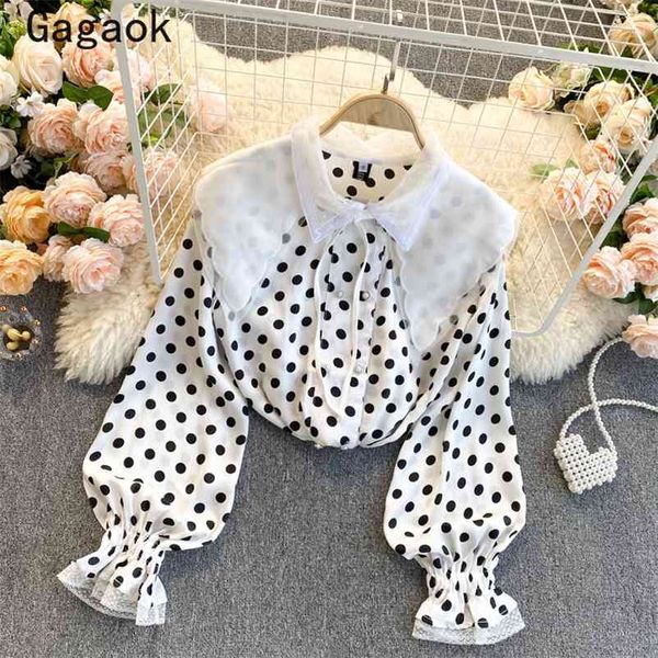 

party blouse women spring autumn sweet button polka dot flare sleeve shirt fashion korean chic wild blouses 210531, White