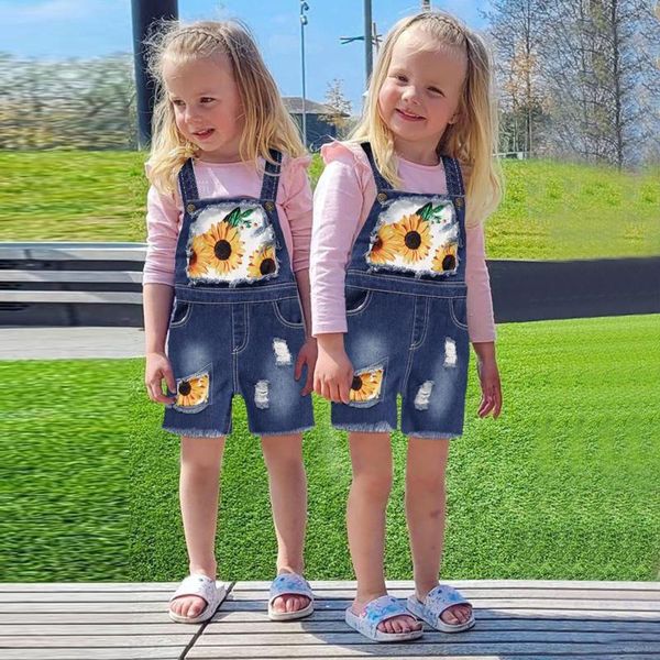 

jumpsuits infant girls clothing sunflower printed denim ripped casual overalls sleeveless pocket suspender baby, Blue