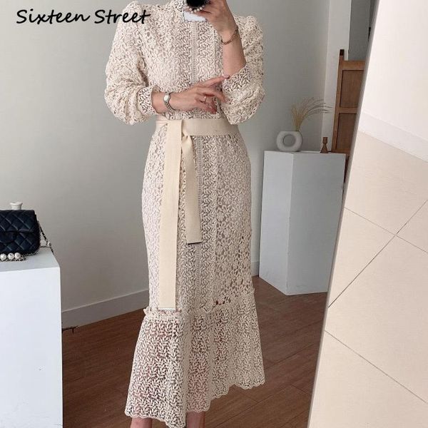 Vestidos Casuais de Alta Qualidade Renda Stand Colar Chique Oco Crochet Design Maxi para Mulheres Manga Longa Elegante Vestido de Mujer