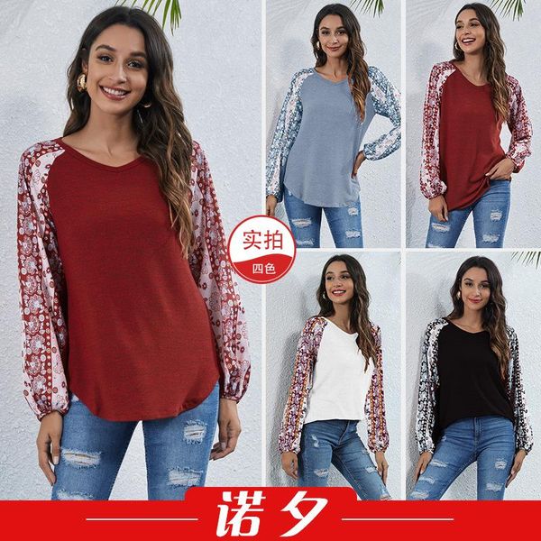 

women's t-shirt spring european and american fashion v-neck digital printing loose lantern long sleeve 1632, White