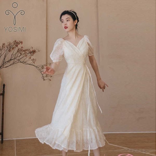 

yosimi white lace long women dress elegant summer jacquard mid-calf v-neck short sleeve fairy midi evening party 210604, Black;gray