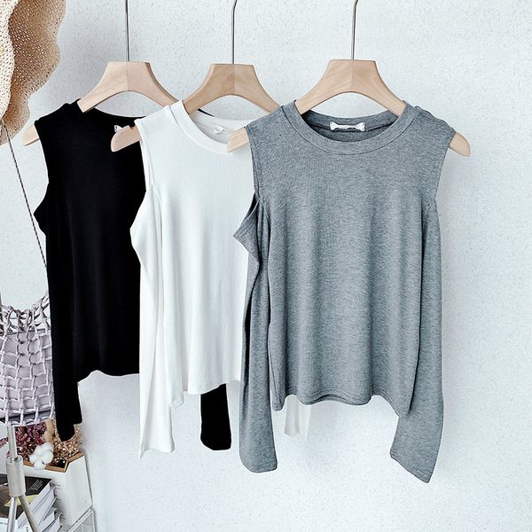 

women's tees t-shirt [oumarai] simple fashion versatile autumn round neck off shoulder solid long sleeve bottomed t-shirt 6300, White