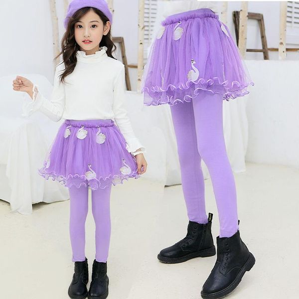 

trousers sequined embroidery swan girls legging skirt-pants tutu mesh big girl elastic leggings children school pants for 3-12 years kids, Blue