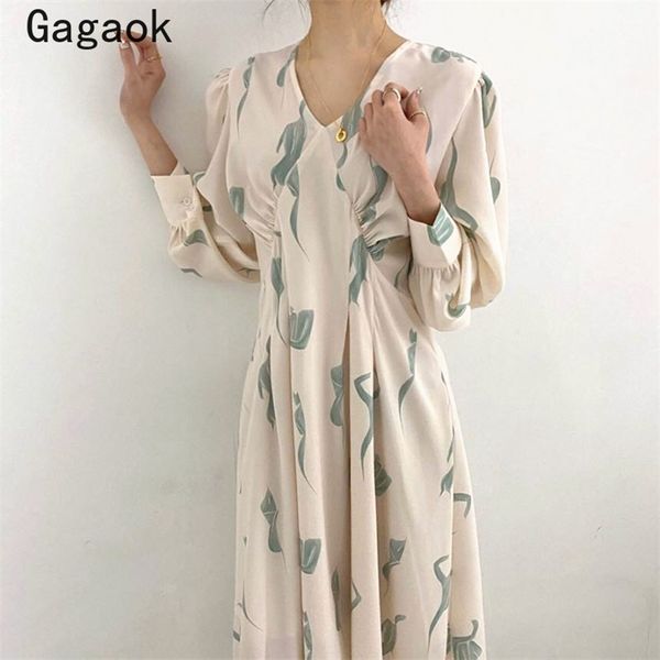 

elegant dresses women spring autumn vintage a-line midi lantern sleeve print loose sweet chic vestidos 210531, Black;gray