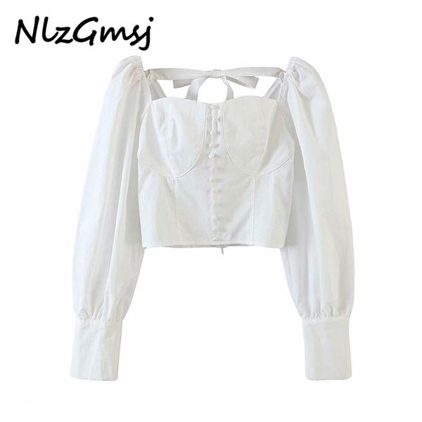 

nlzgmsj vintage puff sleeve white crop backless long button up blouse casual autumn winter 210628