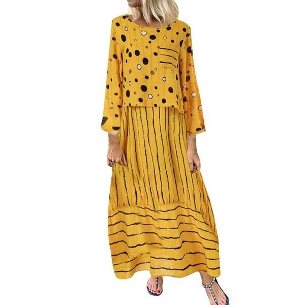

casual dresses women clothing spring polka dot dress boho beach plus size loose long cotton linen fake two piece yellow red 5xl, Black;gray