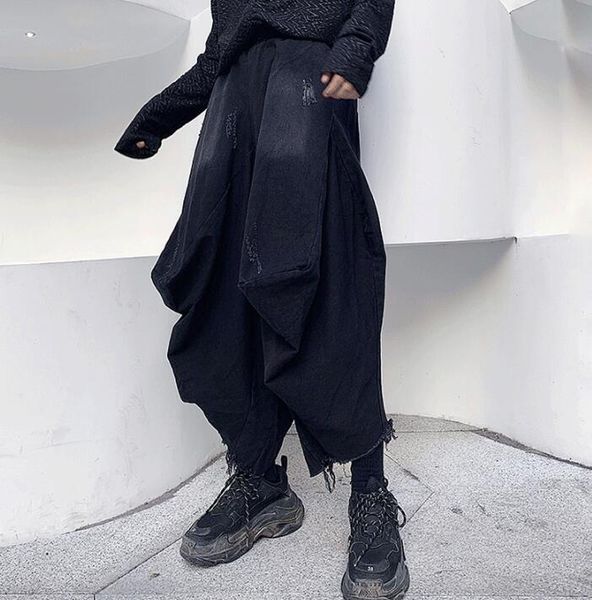 

black personality fashion mens pants frayed hole harem pant men feet trousers pantalones hombre cargo pantalon homme b471 men's
