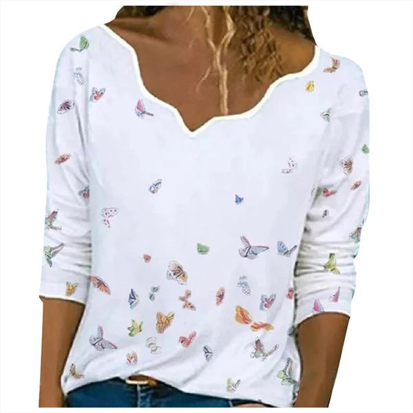 

butterfly white print v neck womens blouses long sleeve pullover ladies and tunics camisas mujer