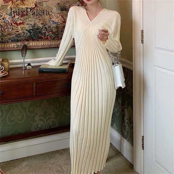 

julypalette elegant ladies long knitted dress autumn winter sleeve sweater slim maxi knitting robe 211112, Black;gray