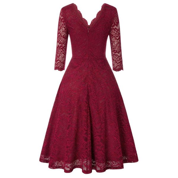 

women lace dress 3/4 sleeve v-neck flared a-line wedding party dresses elegant swing knee length summer lady retro casual, Black;gray
