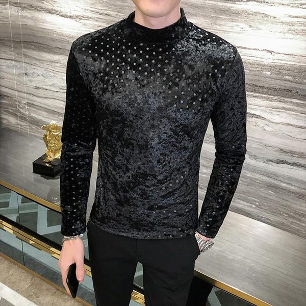 

fashion spring clothing mens t shirt polka dot long sleeve all match comfortable knitted turtleneck, White;black