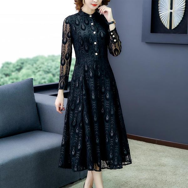 

casual dresses autumn elegant black lace 5xl plus size maxi dress spring solid long sleeve midi vintage women bodycon vestidos, Black;gray