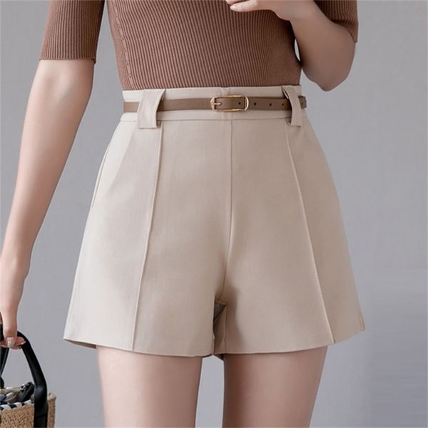 

summer women shorts high waist wide leg casual white black apricot with belt ladies office work wear clothes 210722