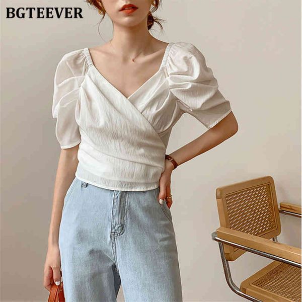 

knits elegant puff sleeve women blouses summer v-neck lace up short shirts female casual chiffon femme tpbd, White