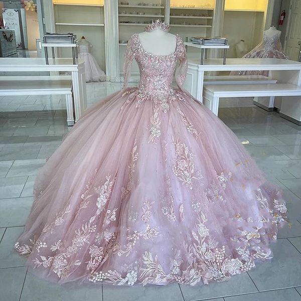 Blush cor-de-rosa quadrado colarinho de manga comprida vestido de bola quinceanera vestidos elegante backless floral apliques de cristal cristal doce 16 vestido de festa de baile