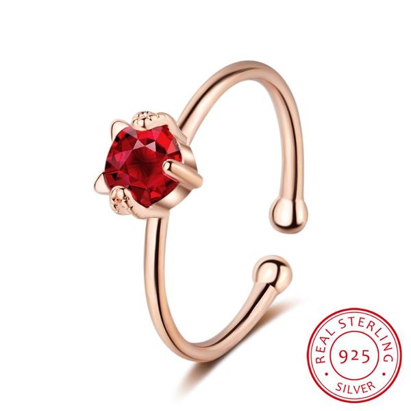 

cluster rings 925 sterling sliver cute cat kitty red zirconia stone for women animal initial knuckle womens finger ring boho jewelry, Golden;silver