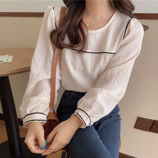 

women spring autumn blouses shirts lady casual long puff sleeve o-neck solid color blusas df3976 210609, White