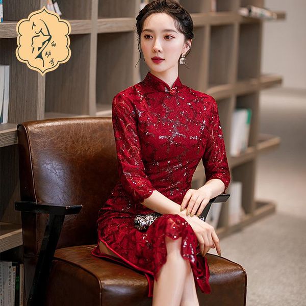 

ethnic clothing printed red chinese style collar high-open fork retro young cheongsam dress qipao wedding