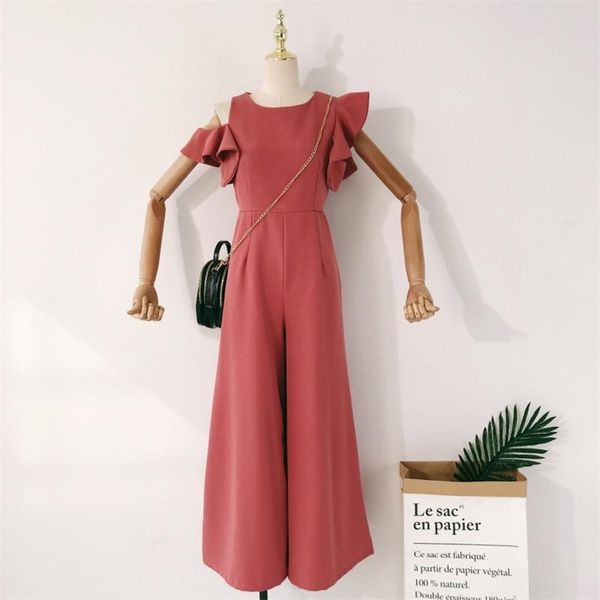 

women's summer jumpsuit irregular ruffled sleeves off-shoulder round neck high waist wide-leg trouser solid color ll021 210506, Black;white