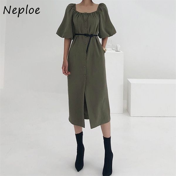 

square collar clavicle exposed dress women high waist hip sashes a line vestidos short sleeve robe 210422, Black;gray