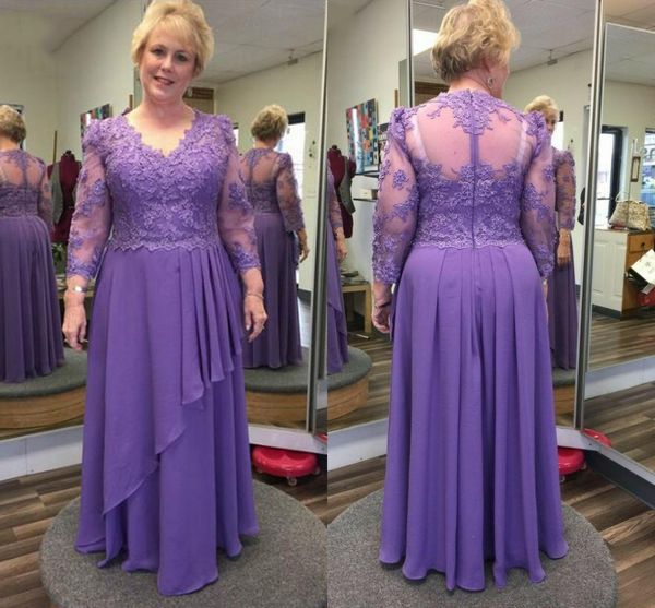 

purple chiffon a line mother of the bride dresses lace appliqued v neck long sleeves formal women evening party gowns plus size tiered floor, Black;red