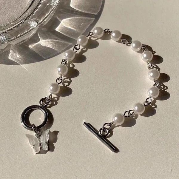

link, chain fashion silver color bracelet cute butterfly pendant for women bohemian pearl bangles 2021 trend jewelry, Black
