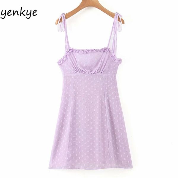 

vintage dotted purple sling dress women sleeveless bodycon mini romantic lady sweet ruffle summer chiffon 210514, Black;gray