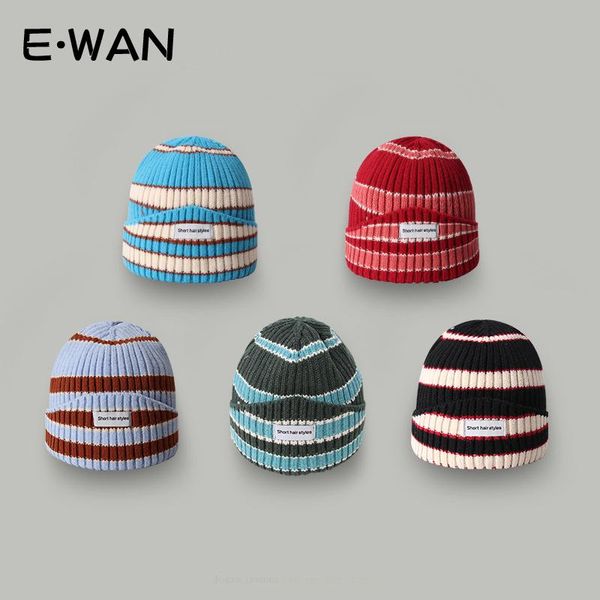 

berets autumn and winter woolen hats for men women striped cloth label knitted ins ear protection cold caps a, Blue;gray
