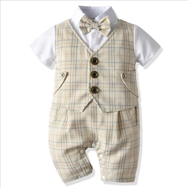 

2021 Gentleman Style Baby Boys Rompers Summer Boy Short Sleeve Jumpsuits with Bowtie Cotton Toddler Plaid Romper Infant Babies Onesies Kids Jumpsuit, Gray