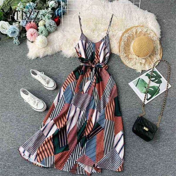 

summer spaghetti strap dress vintage women printed fashion v-neck beach wear dresses ladies bandage long robe vestidos 210525, Black;gray