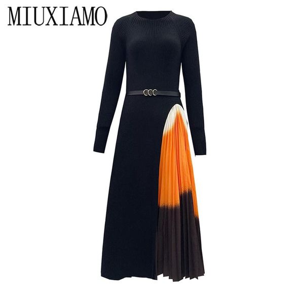 

spring autumn fashion designer dress women sashes knitting long sleeve patchwork pleated dresses with belt casual, Black;gray