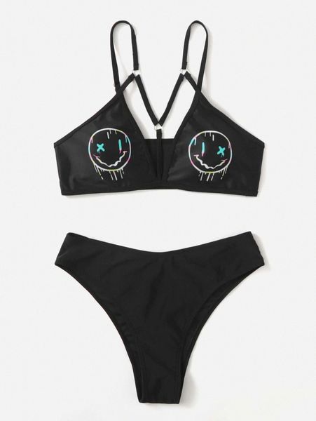 

smile graffiti print bikini swimsuit d6d8#, White;black