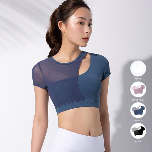 

yoga outfit 2021 net yarn patchwork hollow fitness short-sleeve t-shirt women stretch tight dance training crop with chest pad