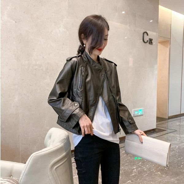 

women's leather & faux autumn chic asymmetrical zip washed pu jacket women short casual motorcycle coat chaquetas para mujer, Black