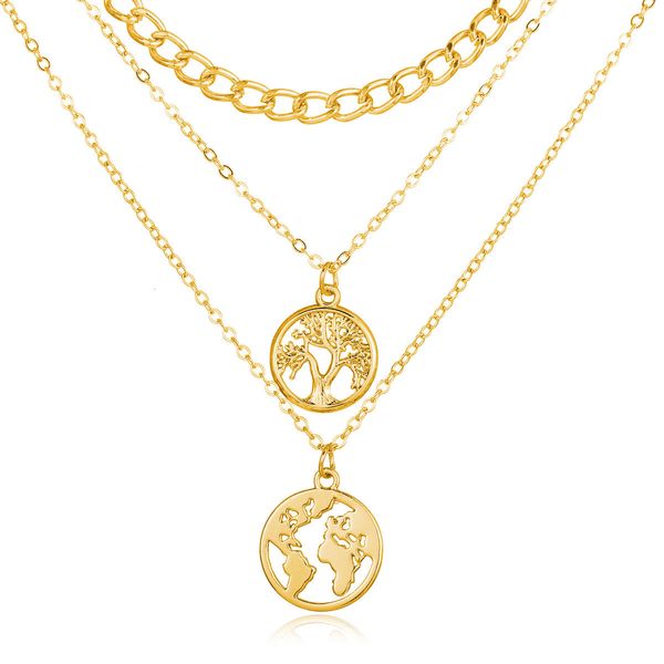 

524051 chain creative life tree map pendant multilayer three layer necklace, Silver