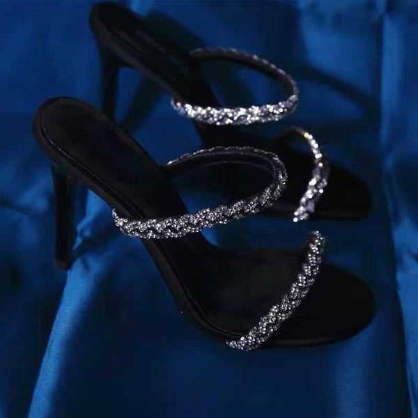 

luxury dress shoes 2021 summer diamond one line high heel sandals for women, Black