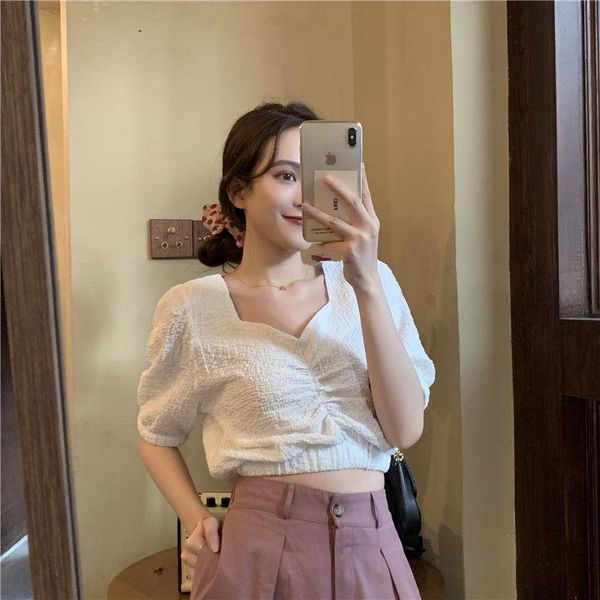 

women's blouses & shirts blouse women shirt puff sleeve chiffon v-neck 2021 summer short blusas mujer de moda, White