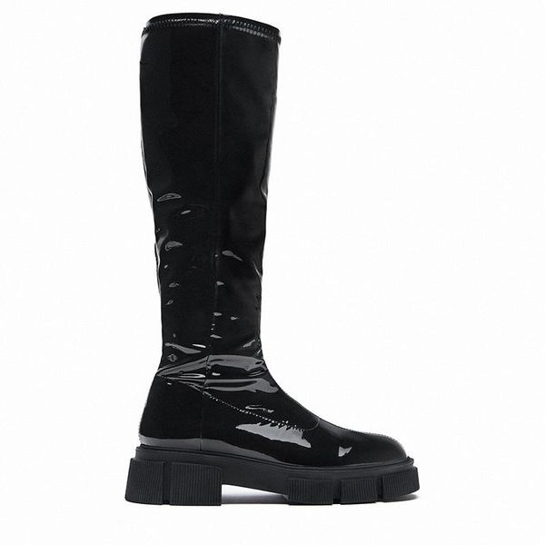 

boots 2021 women's shoes glossy black patent leather warm all-match winter not knee-high models brand sa