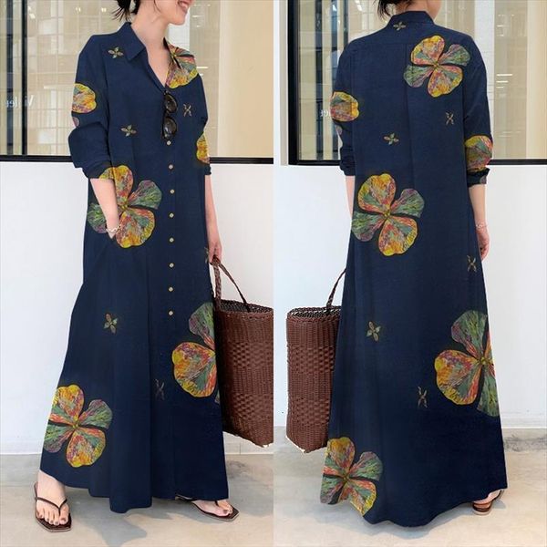 

elegant autumn shirt zanzea women dress printed sundress casual long sleeve maxi vestidos female button robe plus size, Black;gray