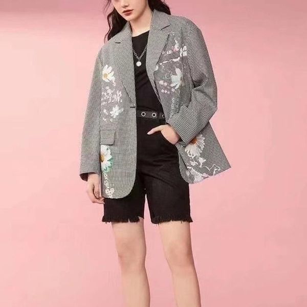 

women's suits & blazers women jacket 2021 autumn fashion flower print black and white plaid blazer coat vintage long sleeve female oute, White;black