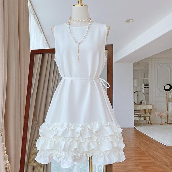 

casual dresses [ewq] korea fashion white zipper sweet sleeveless ruffled solid color all-match loose dress women summer 2021 16w1423, Black;gray