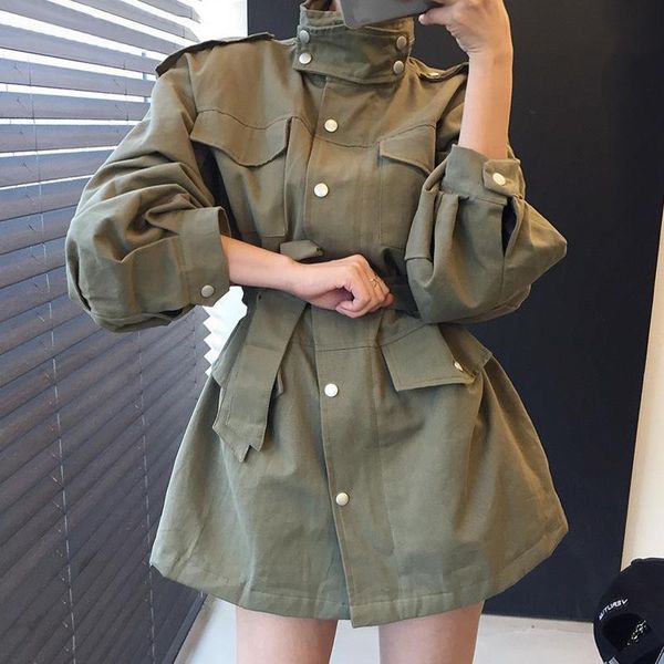 

women's trench coats [ewq] korean autumn temperament stand collar single breasted lace up waist closing bubble sleeve small windbreaker, Tan;black