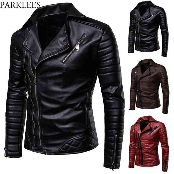 

obique zipper motorcycle leather jacket men stylish striped winter windproof casaco masculino pu jackets coats mens 210923, Black