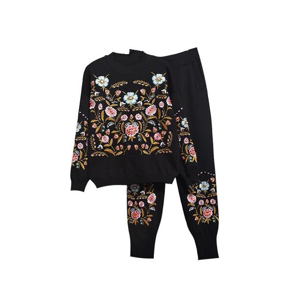 

women's two piece pants autumn set knit women fashion embroidery +casual ladies 2 outfit female winter, White