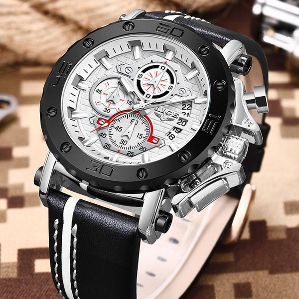 

wristwatches reloj hombre 2021 lige mens watches big dial military quartz watch leather waterproof sport wrist men, Slivery;brown