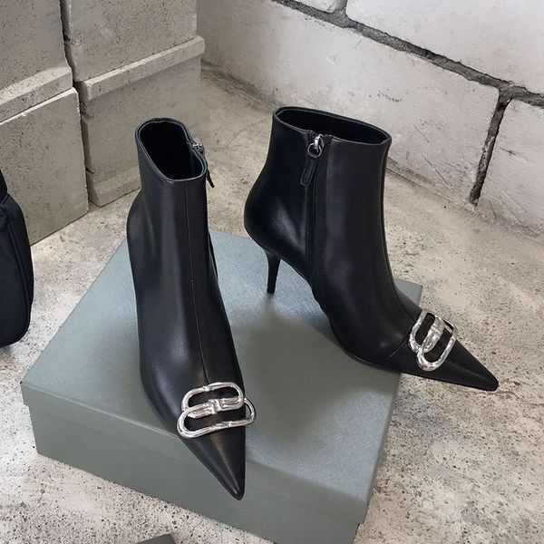 

boots pointed toe high heel women metal decor fashion shoes zipper thin spike black leather ankle