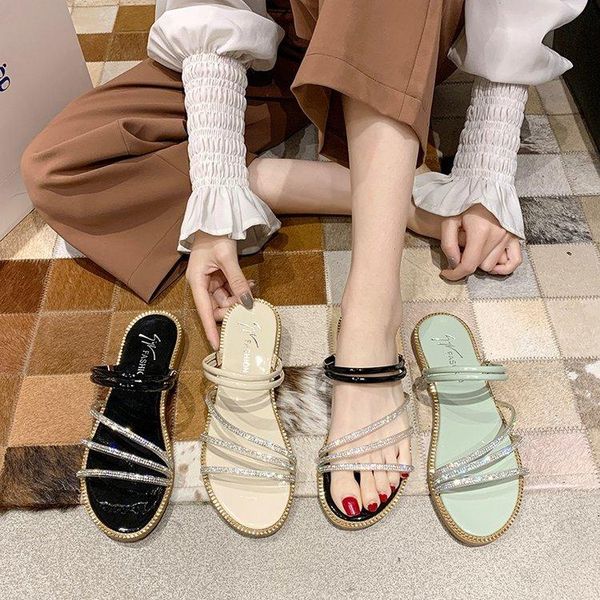 

slippers sandals female shoes 2021 women's summer rhinestone liang chuan multi-purpose, Black