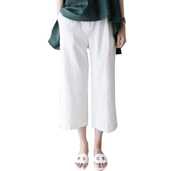 

women's pants & capris missky spring summer women cotton linen ninth plus size solid color loose wide cylinder casual trousers for fema, Black;white