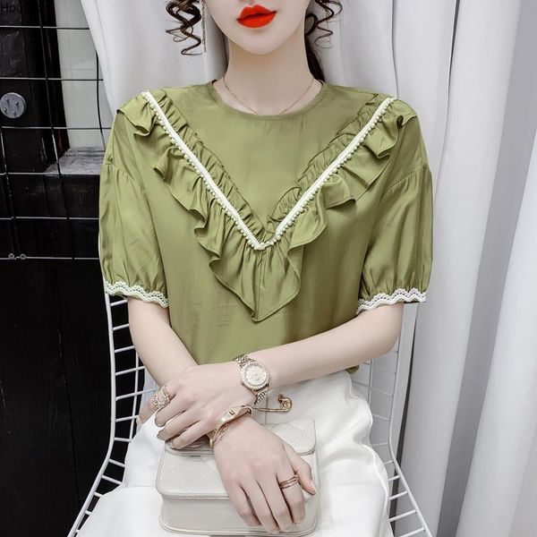 

women's blouses & shirts chiffon slim casual blouse beaded solid color o collar pullover shirt summer fashion short sleeve 30026, White